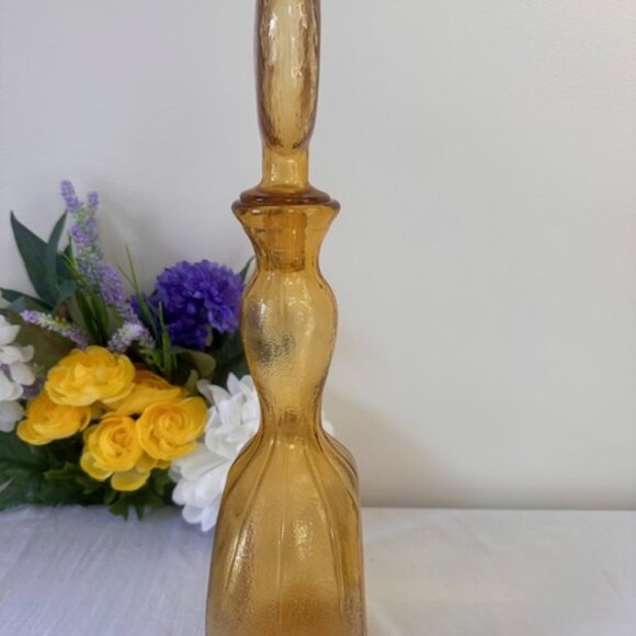 Vintage Amber Glass Floral Decanter with Lollipop Stopper Italian Style Embossed - Picture 3 of 5